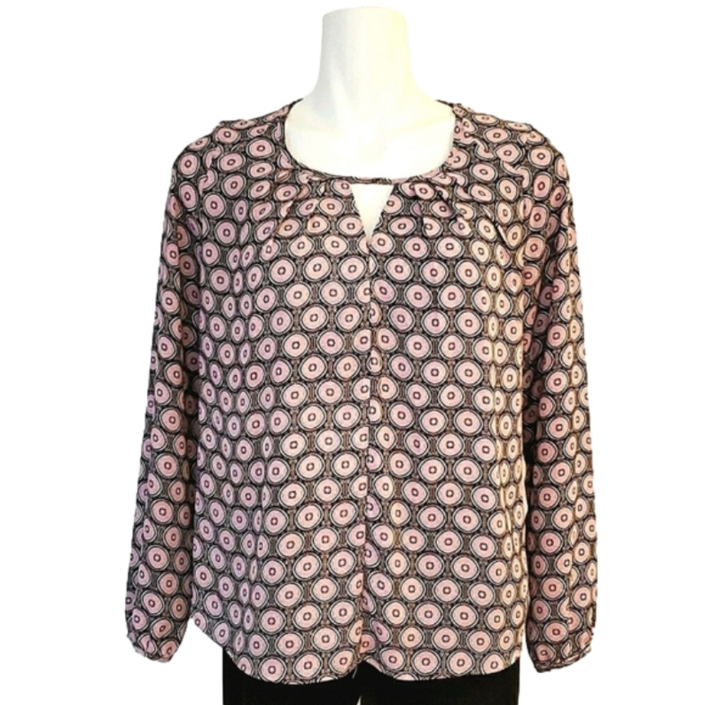 Pleione Women's Long Sleeve Pink Circle Pattern Top Front Cutout Sz S